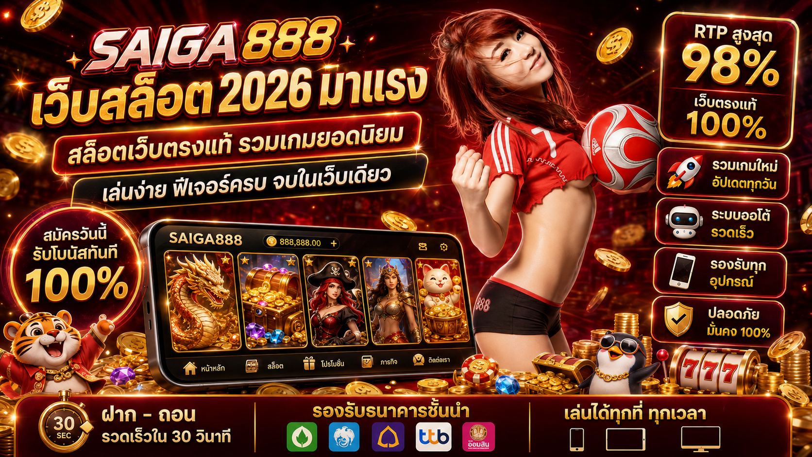 หน้าจอเกมสล็อตสมมติสำหรับอธิบายสัญลักษณ์และกติกา